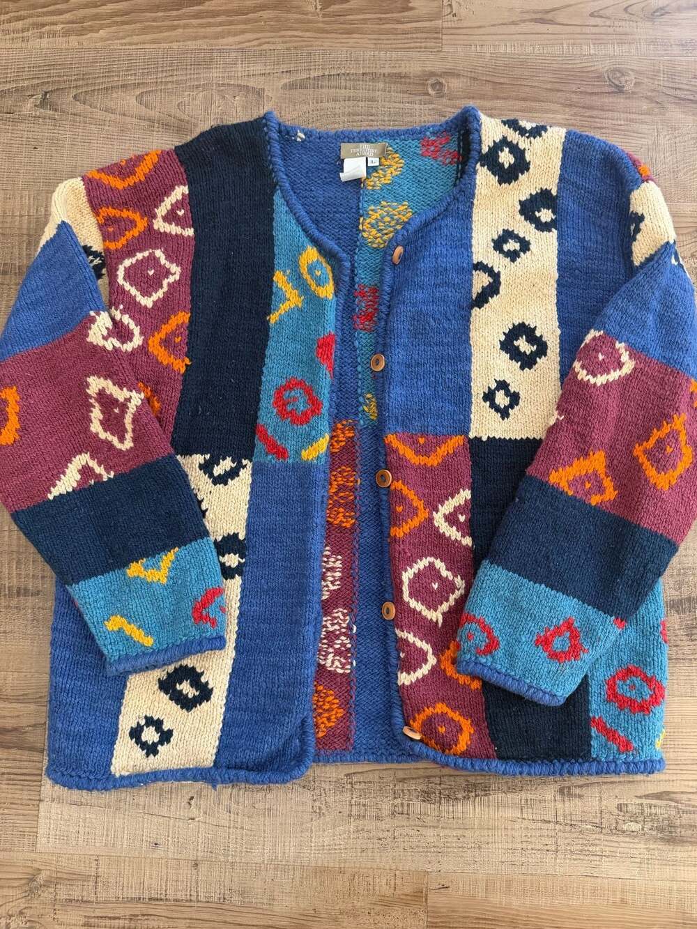 The Territory Ahead Wool Hand Knit Patchwork Cardigan Sweater Vintage Y2K